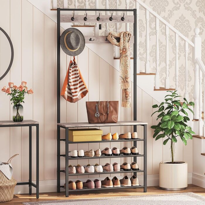 HOOBRO Coat Rack, Shoe Shelf with Coat Rack, Clothes Rack with Shoe Storage, Shoe Cabinet with 5 Shelves, for Entryway, Dark Brown EBF80MT01G2 (Greige + Black)