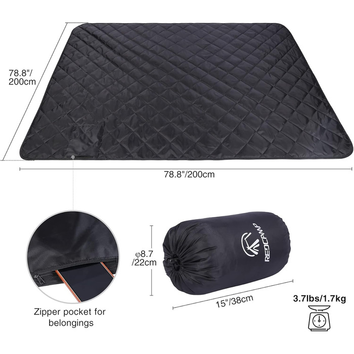 REDCAMP Waterproof Camping Blanket with Sherpa Lining, Thermo Large Stadium Blanket, Warm Outdoor Blanket for Camping, Airplane Travel, Backpacking, Sailing, Travel (Black, 200 x 200 cm)