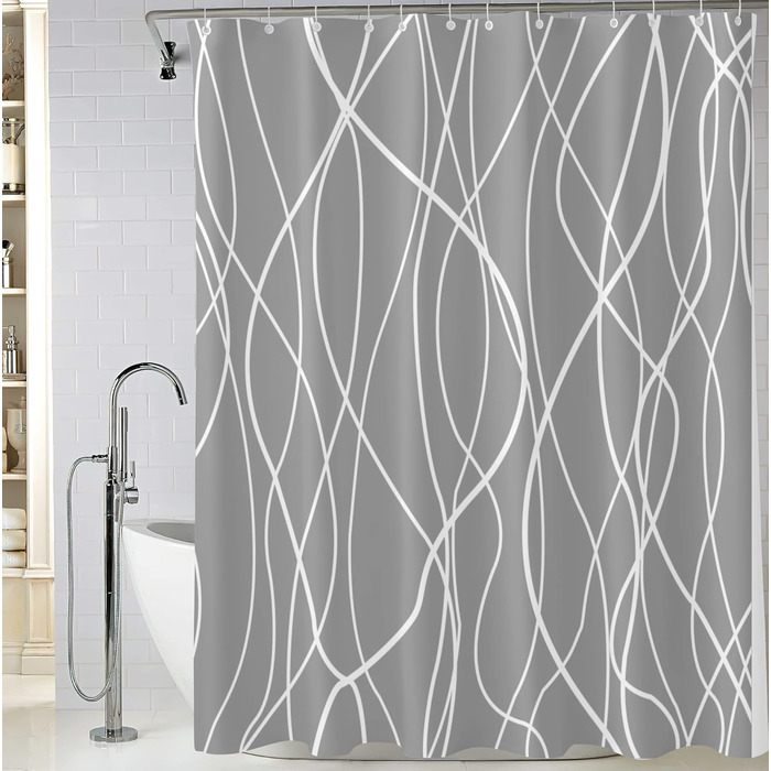 Шторка для душу M&W Design з поліестеру, з лініями, антигрибкова, водовідштовхувальна, з 12 C-кільцями, з обтяженим краєм, мінімалістичний дизайн, стійка до вицвітання, 180x200 см, білий (H200 x B180 см, упаковка 1 шт.), сірий