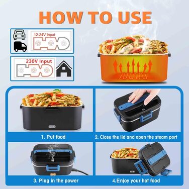 Електрична ланчбокс Kimfead з термоіндикатором, 1.8л, 80W, 12V/24V/230V, для авто/офісу, з сумкою та столовими приборами