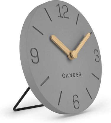 Cander Berlin MNU 2615 H Gray Table Clock, battery-powered, silent (no ticking), vintage, analog, modern, wood hands, MDF, 15 cm
