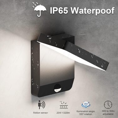 Зовнішнє LED-світильник K-Bright з датчиком руху, водонепроникний IP65, для балкона/саду, темно-сірий (2 шт. чорний, квадратний)