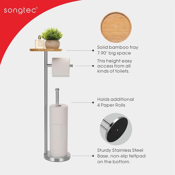 Підставка для туалетного паперу з запасом та полицею, стабільна, самостійна модель для 5 рулонів, з нержавіючої сталі з важким дном, матове нікелювання