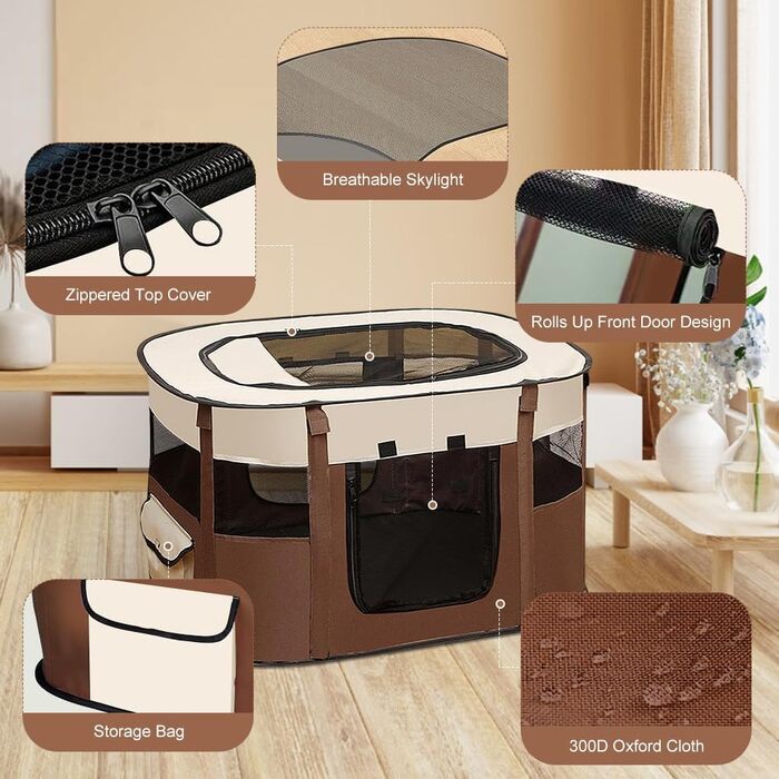 Клітка-вигул для цуценят та собак, складана, 70x55x40 см (колір кавовий)