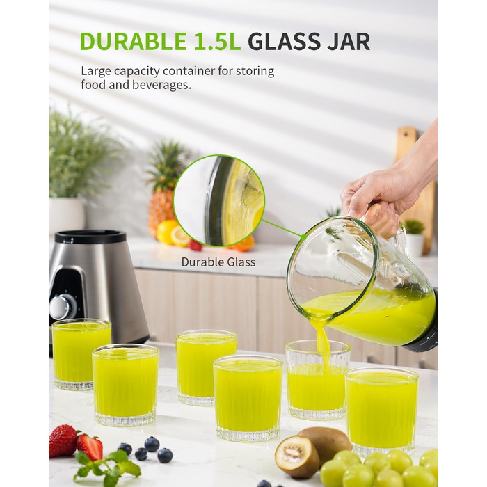 Блендер GDOR 1200W з 1,5л скляною колбою та 650мл стаканом для подорожей, 3 швидкості, професійний, для смузі, шейків, заморожених напоїв та соусів