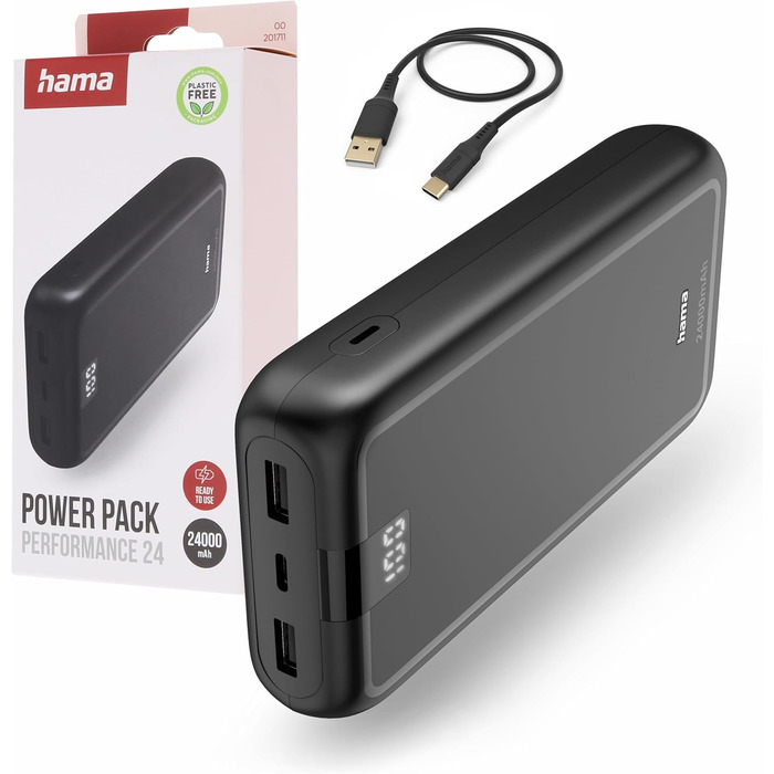 Powerbank Hama Performance 10 24000mAh: зовнішній акумулятор з USB-C та 2x USB-A, сертифікований Power Pack, для телефону, планшета, Bluetooth-колонки, портативний зарядний пристрій