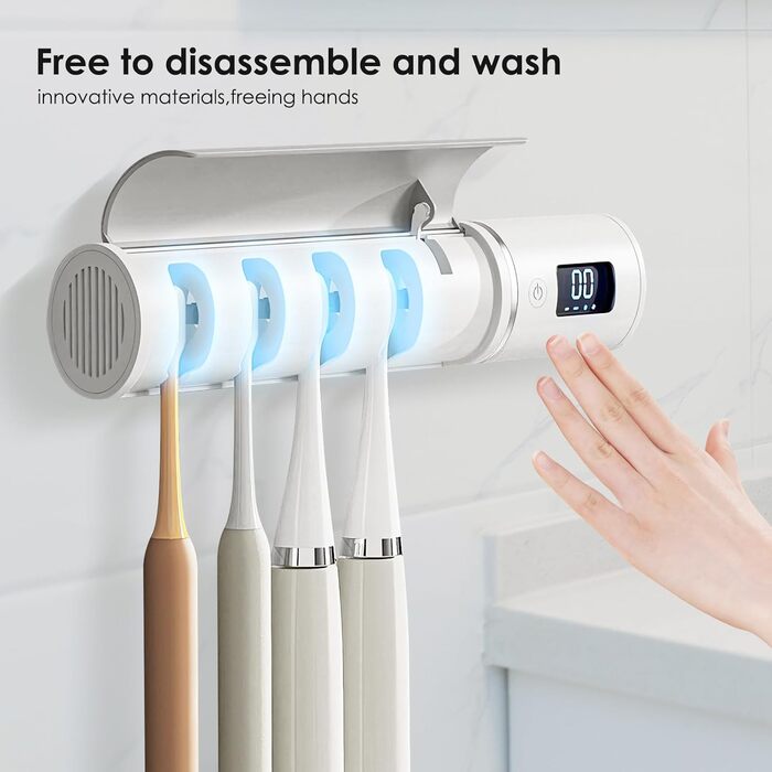 Wall-mounted toothbrush holder, electric toothbrush holder, single cleaner for bathrooms, with automatic inductive opening/closing, clean, dry, for home, travel (4 compartments)