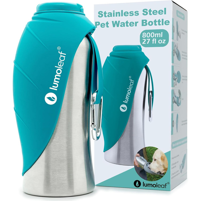 LumoLeaf Stainless Steel Dog Water Bottle - 800ml Portable Pet Water Dispenser for Travel, Hiking & Camping (Blue)