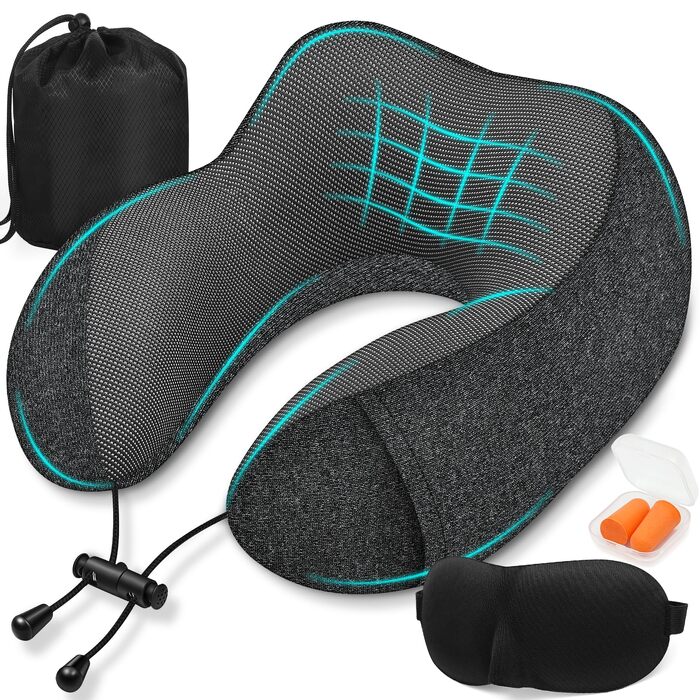 Подушка для подорожей під шию з ефектом пам'яті (Memory Foam) з маскою для сну 3D та берушами, сіра — ідеальна для літака, авто та офісу