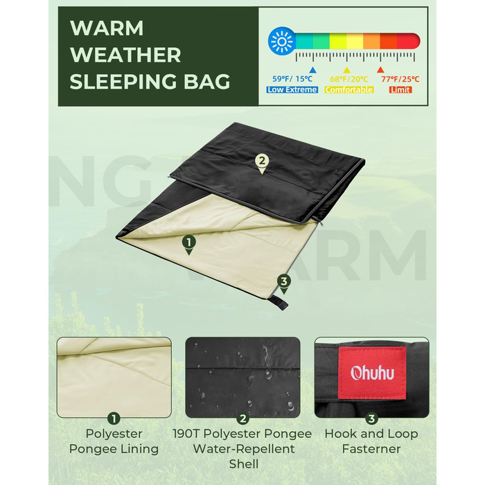 Ohuhu Lightweight Sleeping Bag - Compact & Ultralight (900g) Summer Sleeping Bag for Camping, Travel, Festivals - Indoor/Outdoor Use - Black