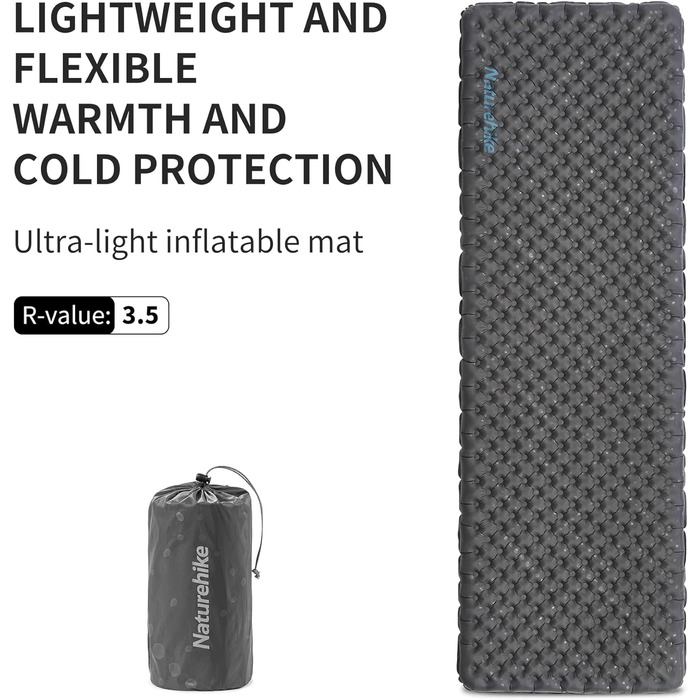 Каремат туристичний Naturehike Thermal 3.5R, самонадувний, 4 сезони, -6°C, з надувною сумкою, військовий зелений, прямокутний, XL/L