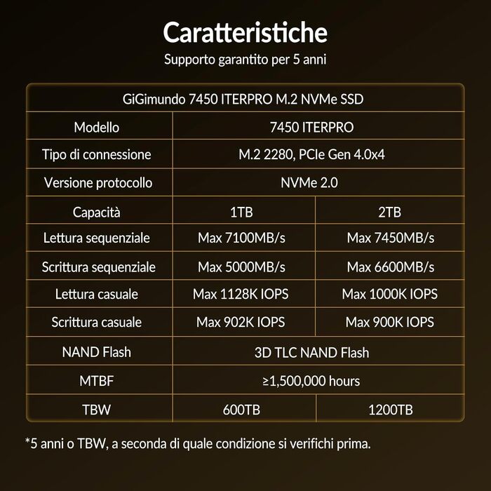 GiGimundo G7450ITERPRO 2TB SSD NVMe PCIe Gen4×4 - Внутрішній SSD накопичувач 2280, 7100 МБ/с (читання), 5000 МБ/с (запис), сумісний з PS5 Pro