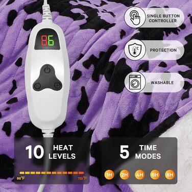 Електрична гріюча ковдра з принтом 'Корова', подвійний розмір, 157 x 213 см, фіолетовий колір, 10 режимів нагріву, автоматичне вимкнення через 8 годин, флісова та шерпа ковдра, тепла, подарунок для жінок, 62'x84' ковдра з принтом 'Високогірна корова'