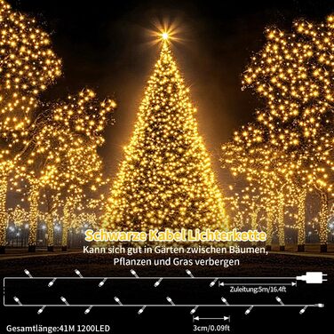 Льо́мка́ з 1200 світлодіо́дів для зовні́шнього використання, 36 метрів, для прикрашання ялинки, 8 режимів, таймер, чорний кабель, IP44, вологостійка, для балкона, саду, вечірки, весілля (тепле біле світло)