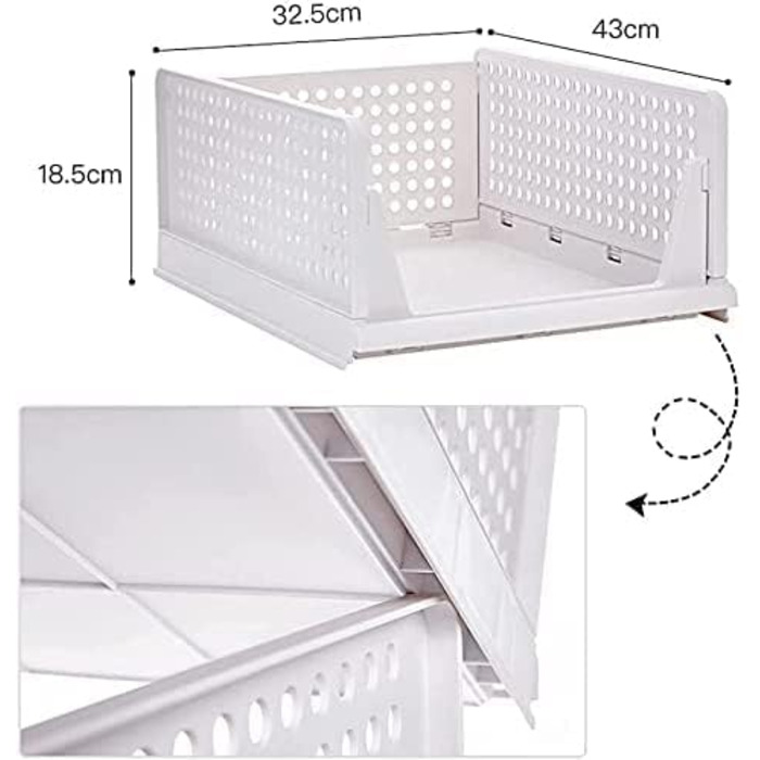 5 Foldable Plastic Storage Boxes, Drawer Box, Stackable Closet Organizer, Shelf Storage Box, Shelf Baskets Closet, Stackable Drawer Storage Boxes, for Kitchen Bedroom, White (8 Pieces L)