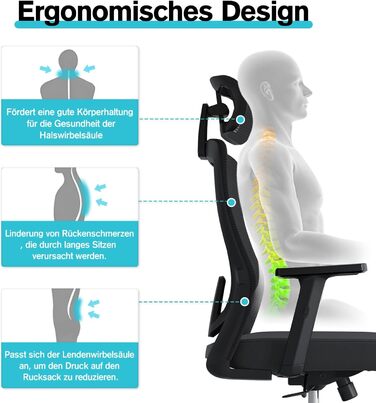 Ергономічне крісло для офісу з регульованою поперековою підтримкою, 2D підголівником та підлокітниками, поворотне, до 150 кг, чорний колір, нейлон