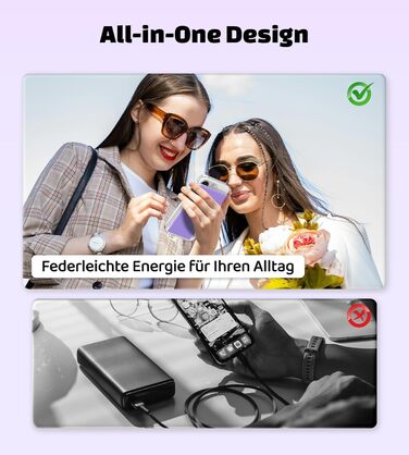Power Bank Auskang 5000mAh Slim з кабелем для iPhone (сумісний з iPhone 14 та попередніми моделями) - фіолетовий+білий, 0.68 см
