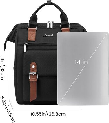 LOVEVOOK Рюкзак жіночий великий, водонепроникний, для подорожей, ручної поклажі, з відділенням для ноутбука 14 дюймів, чорно-коричневий