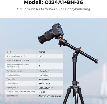 Штатив K&F Concept O234A1: компактний, легкий, для камери та смартфона, 163 см, алюміній