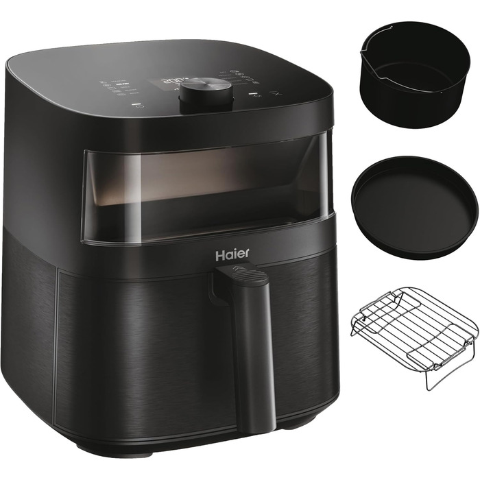 Аерофритюрниця Haier 7 л з вікном, 9 програм, 1700 Вт, LED-дисплей, без олії, для здорового приготування, серія 5 HAF5TWA3, посудомийна, з аксесуарами