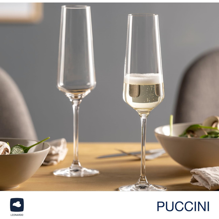 Набір келихів для просекко LEONARDO HOME PUCCINI 280 мл, 6 шт, міцне скло, підходить для посудомийки, з серветкою для полірування