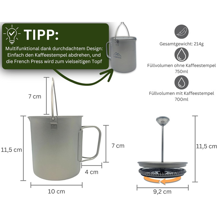 Титанова френч-прес 750 мл - Ultraleicht & Robust - Титановий посуд для приготування кави для кемпінгу, трекінгу та відпочинку на природі