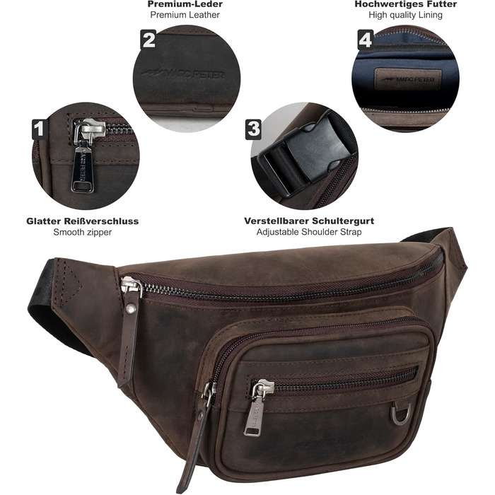 Чоловіча поясна/животна сумка Marc Peter® Varadero з натуральної шкіри Наппа | Перехресна сумка на пояс для чоловіків та жінок | Сумка на пояс з можливістю зміни ремінця (Кольори: Кольору вугілля, Мисливський)
