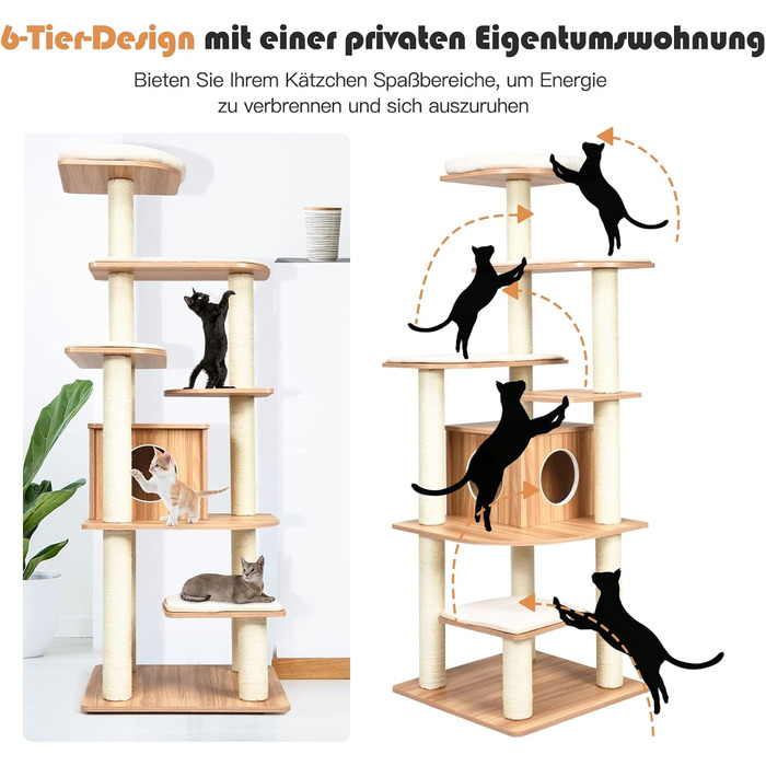 Кліматичний комплекс для котів GOPLUS Katzenbaum 175 см: 6 платформ, дерев'яна печера, ігровий комплекс, котячі меблі