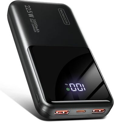 Портативний зарядний акумулятор Power Bank 20000mAh з швидкою зарядкою 22.5W, LCD дисплеєм, 1 USB-C, 2 USB-A для iPhone 17/16/15/14/13 та смартфонів, чорний