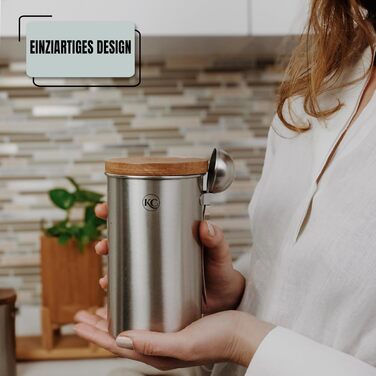 Контейнер для кави KC Kitchen & Co. з ложкою, 700 мл, срібляний, для кавових зерен, чаю, цукру, спецій (з повітряно-щільним акційним кришкою)