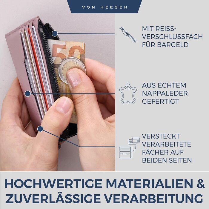 Шкіряний RFID картхолдер VON HEESEN з натуральної шкіри наппа, портмоне для кредитних карток на 9 відділень, унісекс (Коньяк/Лаванда)