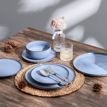 Набір посуду Joyfair на 6 осіб, 18 предметів: тарілки для їжі, десертні тарілки, миски для каші, з реактивною глазур'ю, для мікрохвильової печі та посудомийної машини (Ozean Blau)