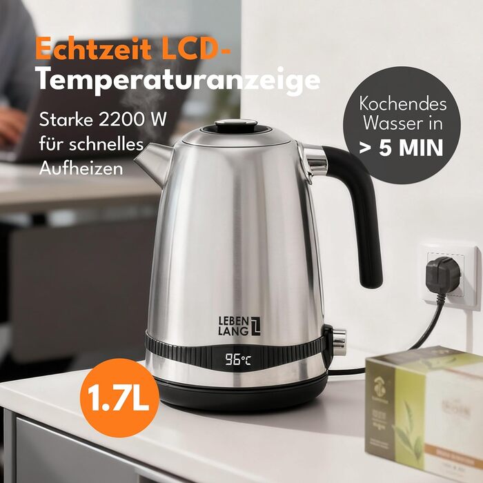Чайник електричний LEBENLANG з нержавіючої сталі з регулюванням температури, тихий, з дисплеєм та функцією підтримання тепла - 1,7 л, 2200W, ретро без пластику