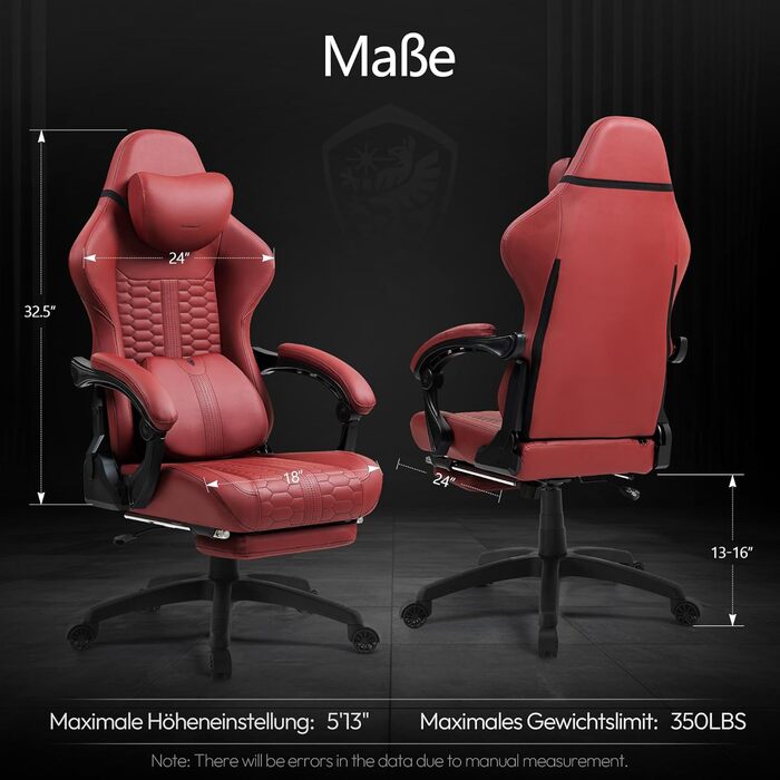 Ігровий крісло Dowinx Big and Tall з масажем попереку, підніжка, ергономічний комп'ютерний стілець, PU шкіра, 180 кг (Червоний)