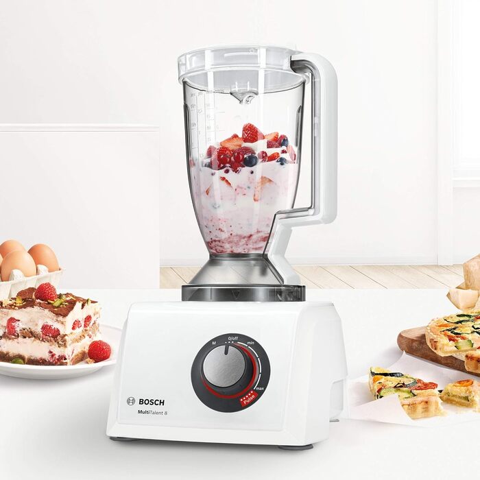 Bosch Compact Kitchen Machine MultiTalent 8 MC812W501, XXL Mixing Bowl 3.9 L, Mixer 1.5 L, Universal Knife, Grater Disc, Slicing/Shredding Combination Disc, Potato Pancake Disc, 1000 W, white