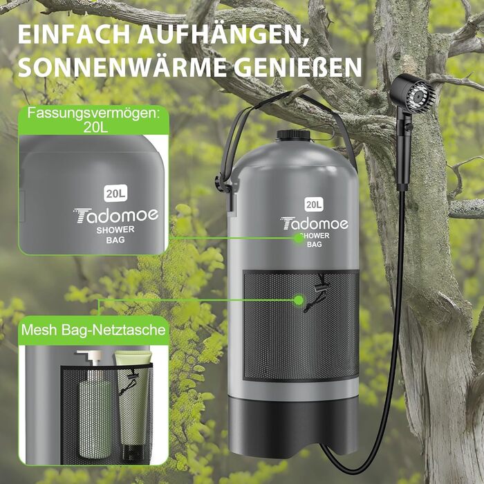 Сонячний душ для кемпінгу на 20 літрів з насосом, сумка та душ для відпочинку, подорожей та туризму (сірий)