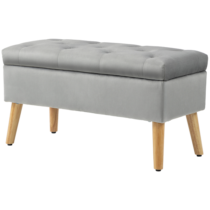 HOMCOM Storage Bench, Upholstered Bench with Lid, Bed Bench with Velvet Look, for Entryway, Bedroom, Living Room, Rubber Wood 102 x 35 x 43 cm Grey | Aosom