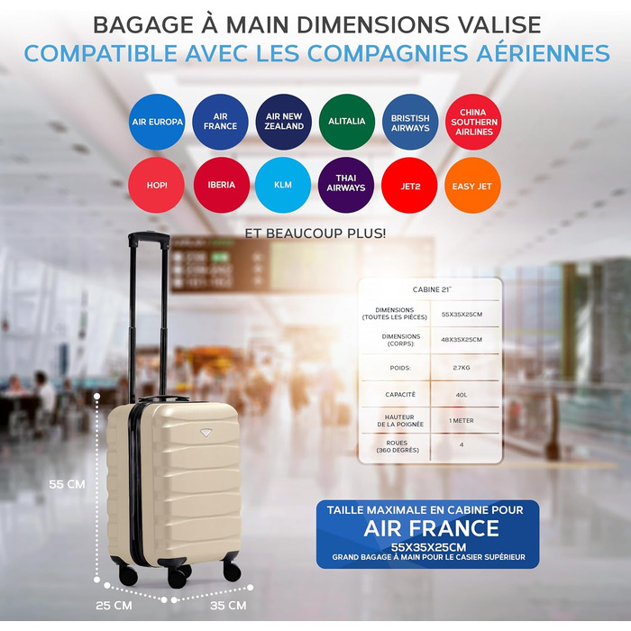 Чоткий валіза Flight Knight на 4 колесах, жорсткий корпус, ручна поклажа, сумісний з авіакомпаніями (British Airways, EasyJet), розмір 56x45x25 см (TSA)