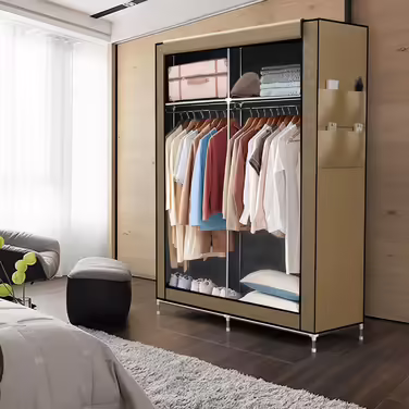 INTIRILIFE Folding Wardrobe 108x170x45 cm in - Fabric wardrobe with zipper and clothes rail, side pocket and compartments - Shelf unit, metal frame, storage (Crème Beige)