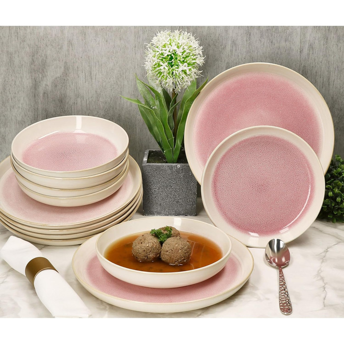 MamboCat Tafelservice Paris: 12 предметів, кремово-рожевий, керамічний посуд для 6 осіб (6 тарілок суп 400мл + 6 тарілок для їжі)