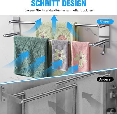 Тримач для рушників без свердління, 60 см, самоклеючий, з гачками, нержавіюча сталь, вологостійкий, для ванної кімнати та кухні, срібляний