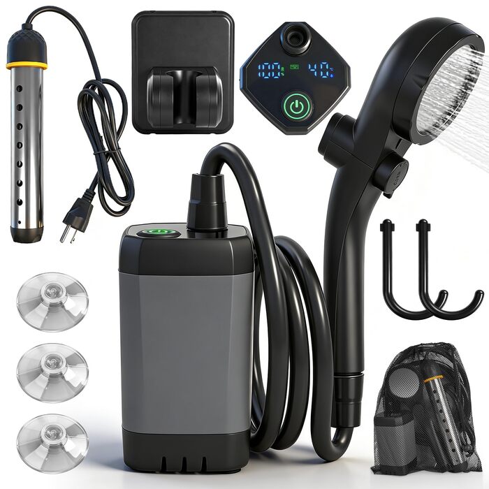Портативний душ для кемпінгу з нагрівачем води, 6000 mAh, акумуляторна помпа з LED-дисплеєм для туризму, подорожей, миття авто та тварин