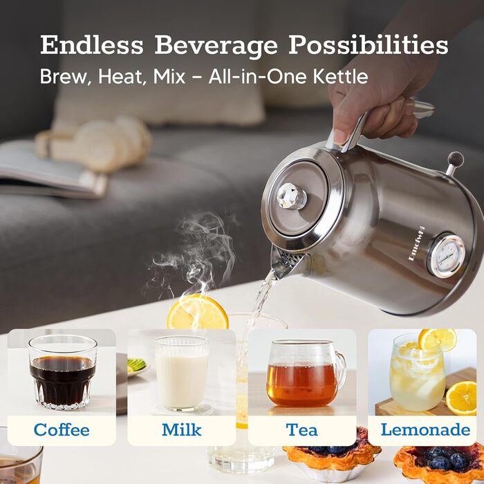 Електричний чайник з нержавіючої сталі з термоіндикатором, 1.7 л, Vintage, з автовимкненням та захистом від сухого кипіння – ідеальний для чаю та кави в сім'ї (Chrome)