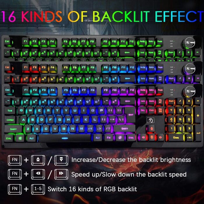 FELiCON Набір комбо для бездротової клавіатури та миші, 4800mAh, RGB-підсвічування, 16 режимів, керування кнопками, ергономічний дизайн, 7 кольорів, чорний K&M