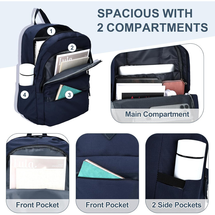 Ранець RAVUO для чоловіків та жінок, 15.6 дюймів, водонепроникний, для підлітків, рюкзак для школи, подорожей, роботи, чорний (синій)