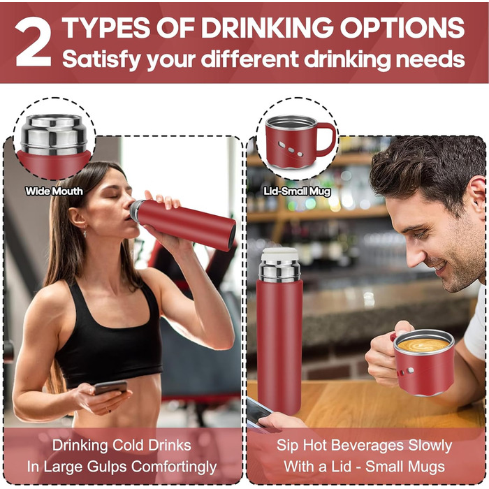 Термокухоль-термос із нержавіючої сталі 550 мл з кришкою-чашкою та ручкою, вакуумний термос 12 годин гарячим / 12 годин холодним, нековзний термос для кави в дорогу для спорту, роботи, школи, авто (червоний)
