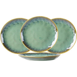 Henten Home 4-Piece Stoneware Plate Set, Green Dessert Plates, Breakfast Plates, Flat Cake Plates, Salad Plates Set for 4 People, Dinner Plate Set