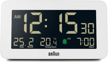 Braun Digital Alarm Clock with Date, Month, and Temperature Display, Negative LCD Display, Quick Set Function, and Gradual Alarm Sound in White, Model BC10W.
