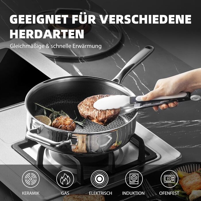 Сковорода з кришкою 26 см, антипригарне покриття Hybrid, холодна ручка, придатна для миття в посудомийній машині, без PFAS, PFOA та PTFE, термостійка до 260 °C, сумісна з усіма типами плит (WQ-D)