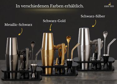Barmingo Stainless Steel Cocktail Set - 11 Piece Boston Shaker Set with Stand & Bar Accessories | Cocktail Shaker Set, Bartender Set, Bar Set | Black Silver
